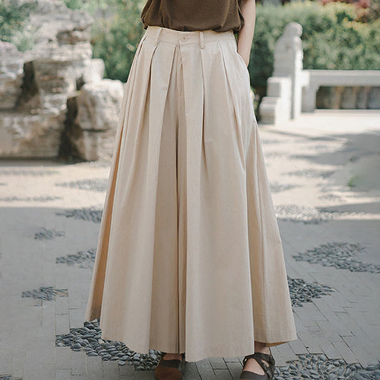 Casual Plain Loose Cotton Women's Wide Leg Pants With Pockets