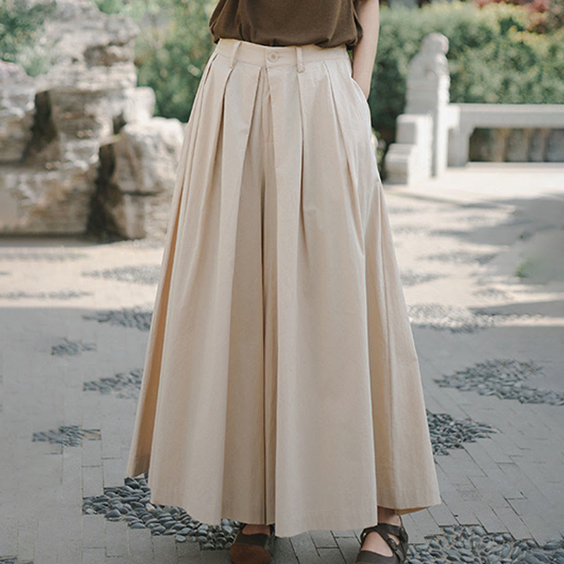Casual Plain Loose Cotton Women's Wide Leg Pants With Pockets