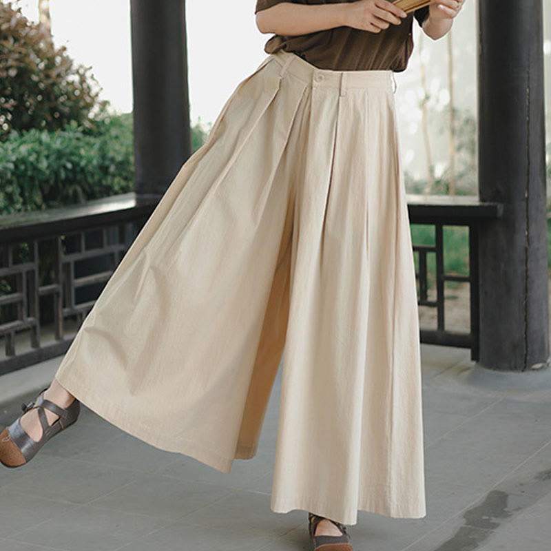Casual Plain Loose Cotton Women's Wide Leg Pants With Pockets