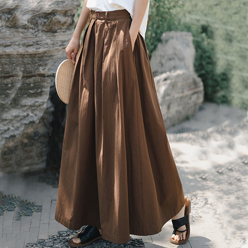 Casual Plain Loose Cotton Women's Wide Leg Pants With Pockets