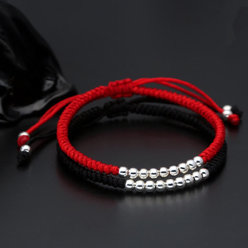 Retro 925 Sterling Silver Simple Beads Knot Design Luck String Bracelet