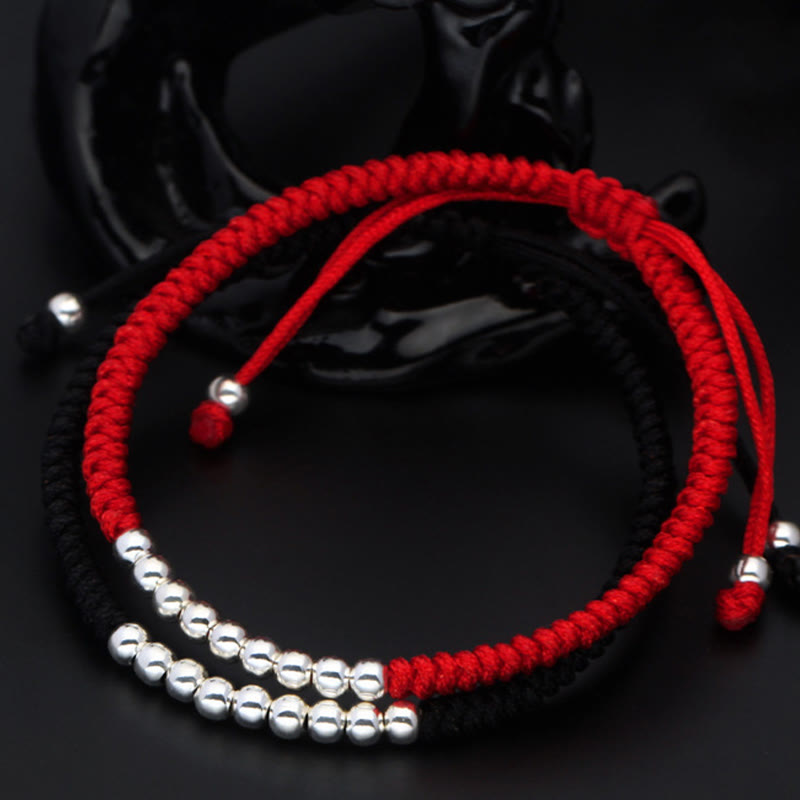 Retro 925 Sterling Silver Simple Beads Knot Design Luck String Bracelet