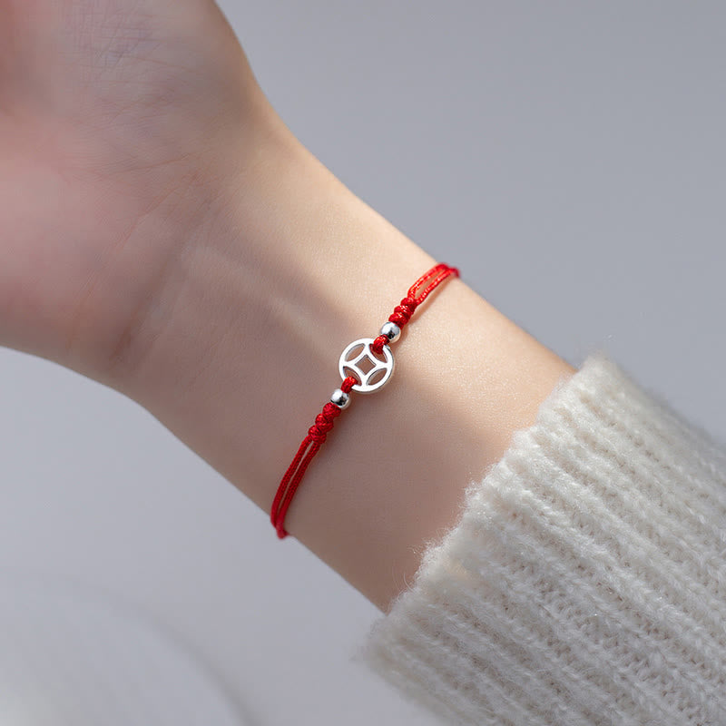 925 Sterling Silver Hollow Copper Coin Luck String Bracelet