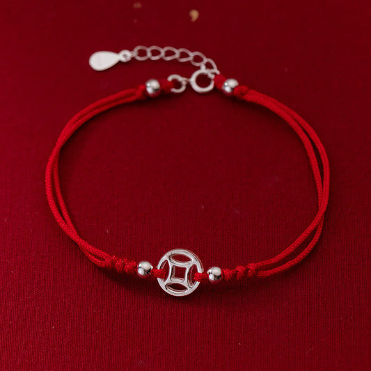 925 Sterling Silver Hollow Copper Coin Luck String Bracelet