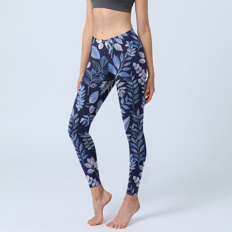 Purple Leaves Print Gym Leggings Women's Yoga Pants
