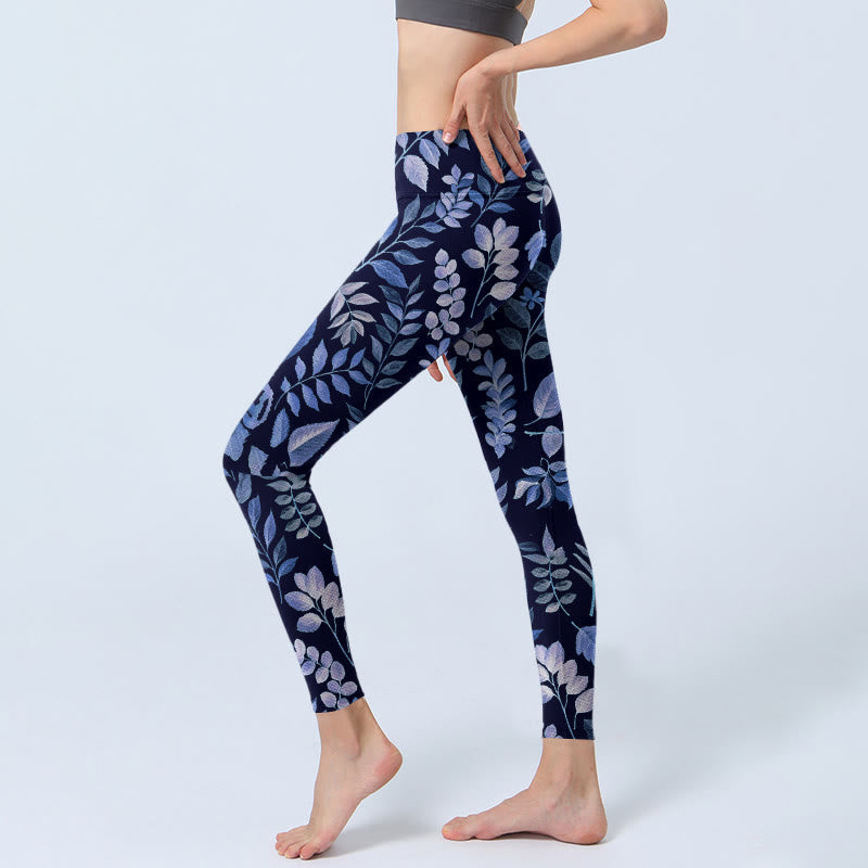 Purple Leaves Print Gym Leggings Women's Yoga Pants