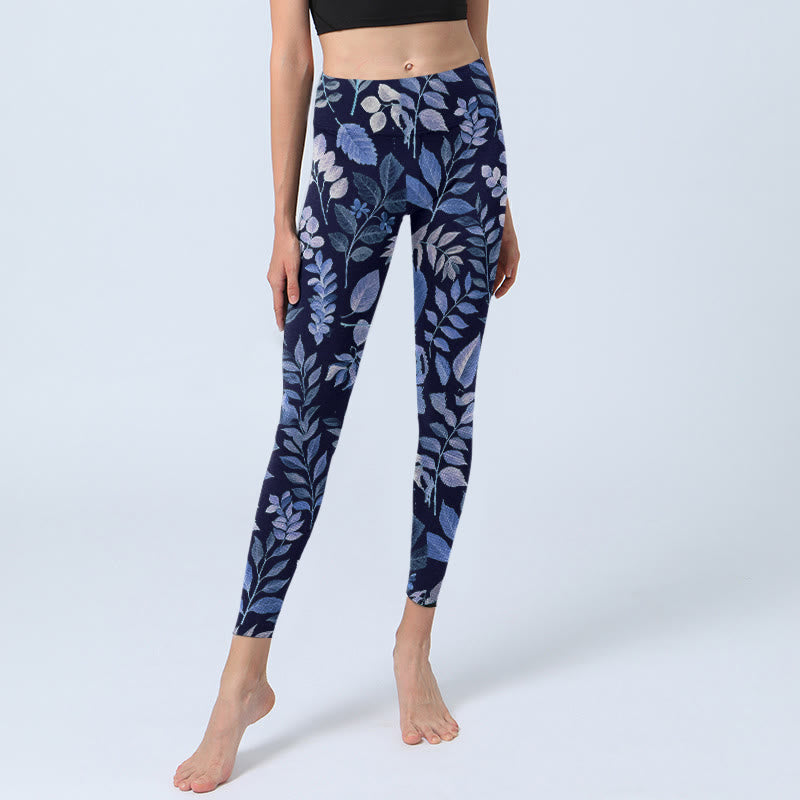 Purple Leaves Print Gym Leggings Women's Yoga Pants