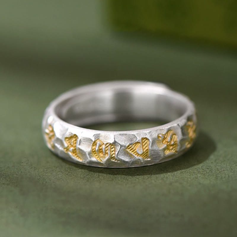 Hammer Pattern Om Mani Padme Hum Copper Plated Silver Wealth Ring