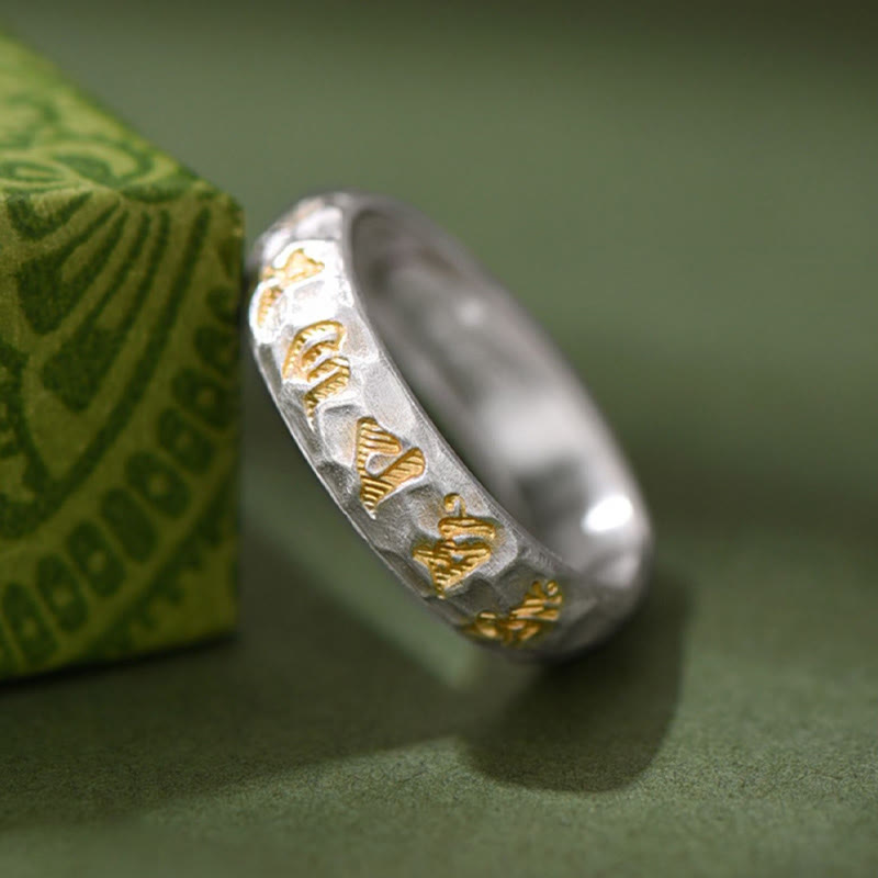 Hammer Pattern Om Mani Padme Hum Copper Plated Silver Wealth Ring