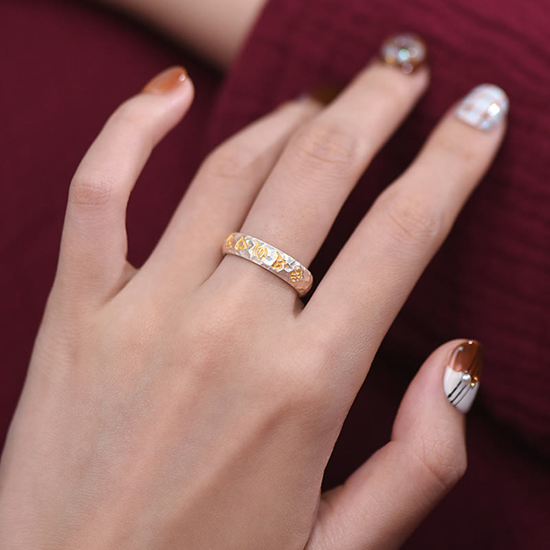 Hammer Pattern Om Mani Padme Hum Copper Plated Silver Wealth Ring