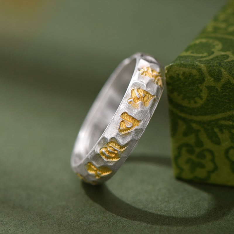 Hammer Pattern Om Mani Padme Hum Copper Plated Silver Wealth Ring