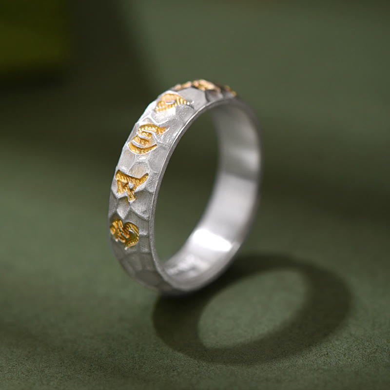Hammer Pattern Om Mani Padme Hum Copper Plated Silver Wealth Ring