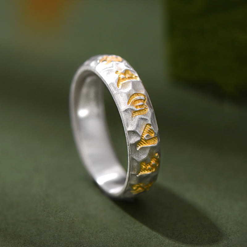 999 Sterling Silver Hammer Pattern Om Mani Padme Hum Balance Ring
