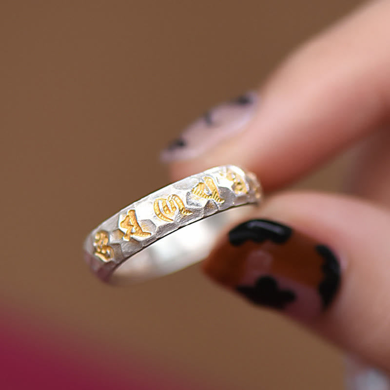 999 Sterling Silver Hammer Pattern Om Mani Padme Hum Balance Ring