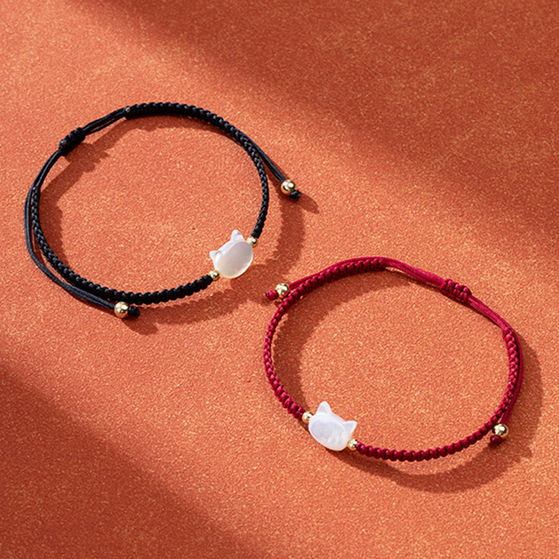 Faceless Cat Head Red String Shell Connection Bracelet