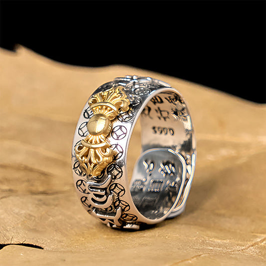 Vintage Om Mani Padme Hum Vajra Copper Plated Silver Balance Ring