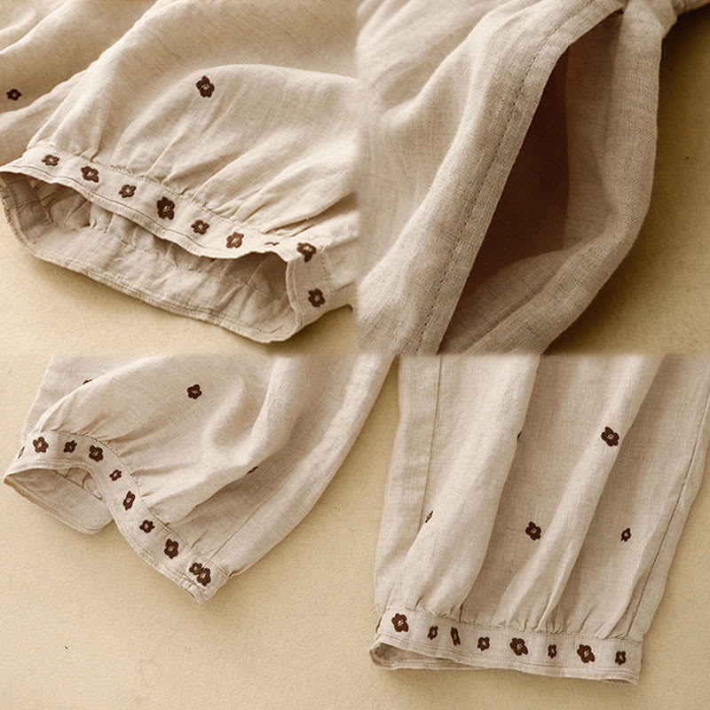Casual Embroidered Petals Women's Cotton Linen 7-8 Length Harem Pants With Pockets