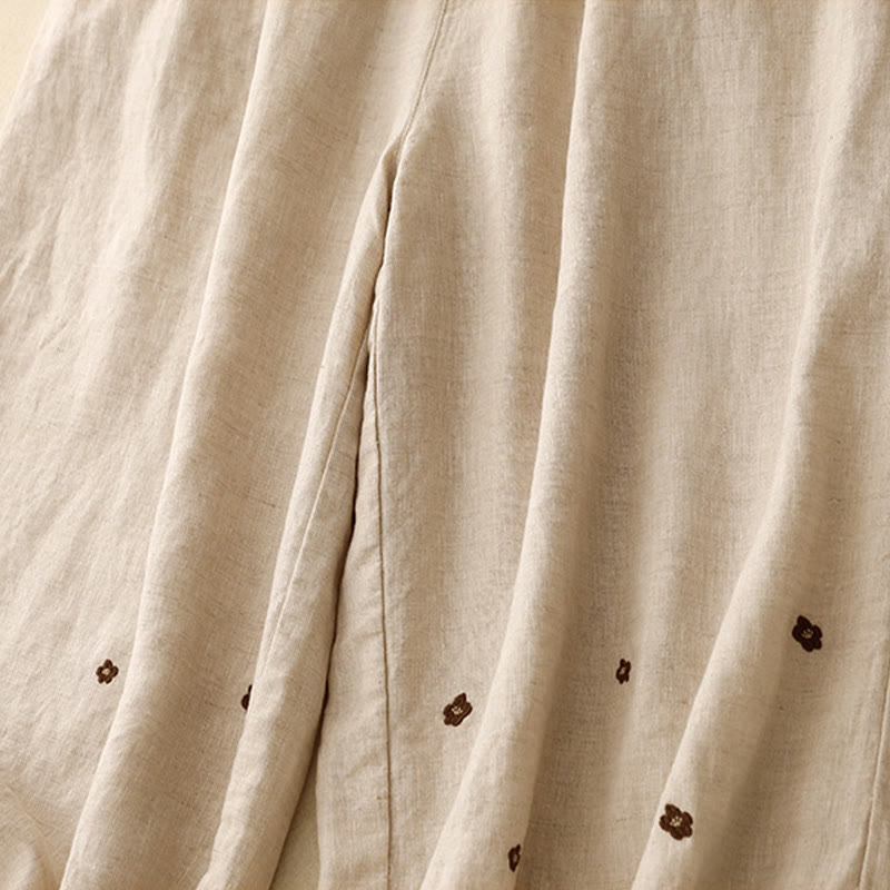 Casual Embroidered Petals Women's Cotton Linen 7-8 Length Harem Pants With Pockets
