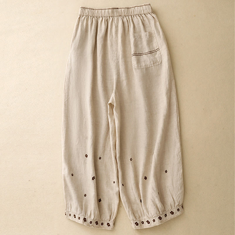 Casual Embroidered Petals Women's Cotton Linen 7-8 Length Harem Pants With Pockets