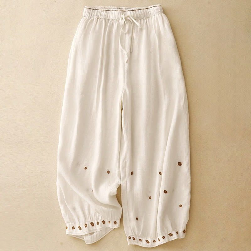Casual Embroidered Petals Women's Cotton Linen 7-8 Length Harem Pants With Pockets