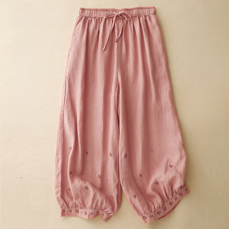 Casual Embroidered Petals Women's Cotton Linen 7-8 Length Harem Pants With Pockets