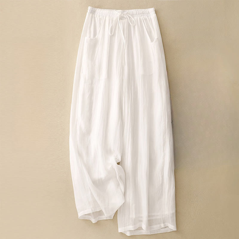 Spring Pure Color Drawstring Double Layer Women's Wide Leg Pants With Pockets