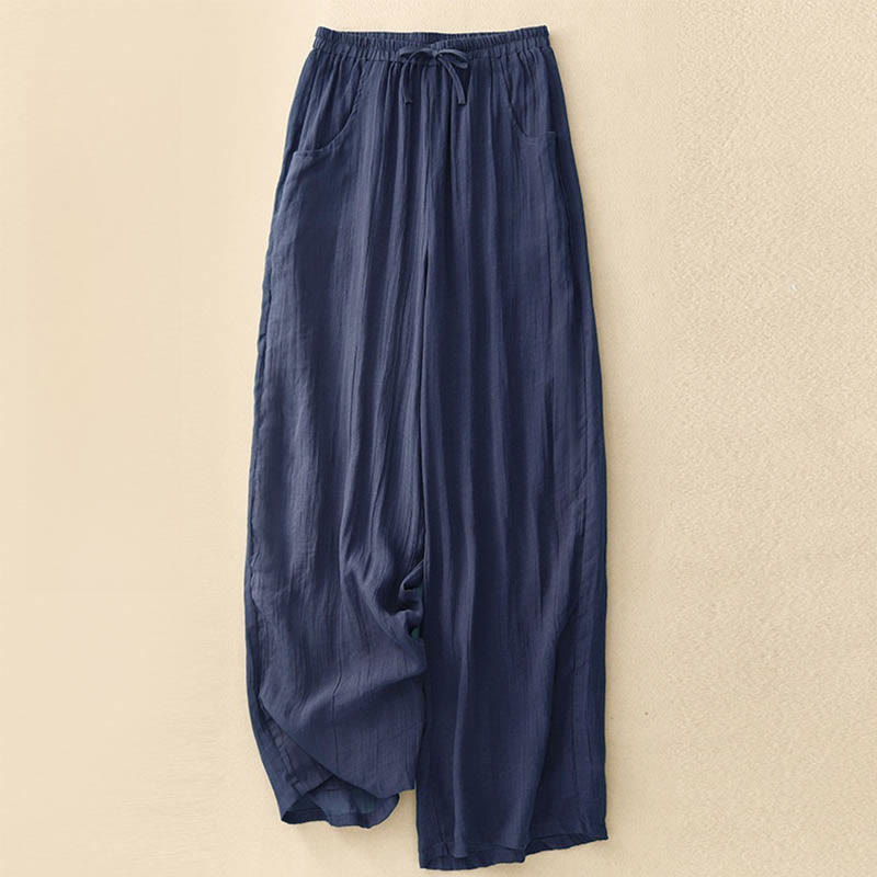 Spring Pure Color Drawstring Double Layer Women's Wide Leg Pants With Pockets
