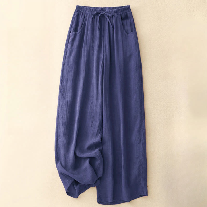 Spring Pure Color Drawstring Double Layer Women's Wide Leg Pants With Pockets