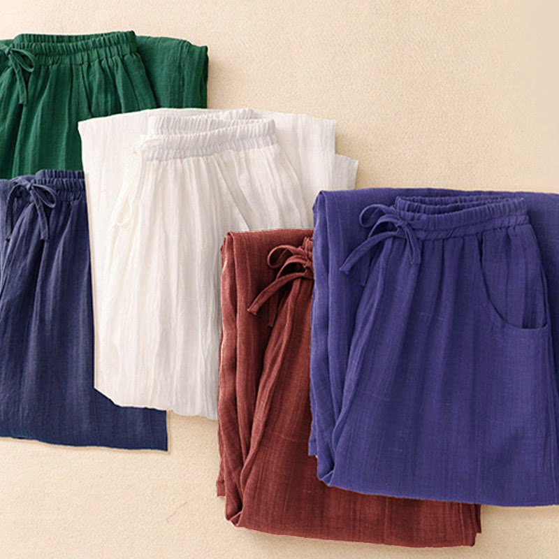 Spring Pure Color Drawstring Double Layer Women's Wide Leg Pants With Pockets
