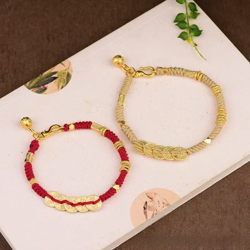 Handmade Five Emperor Coins Wealth String Braided Bracelet