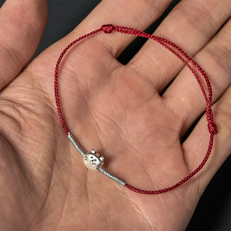 925 Sterling Silver Cute Cat Red String Braided Bracelet