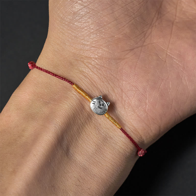 925 Sterling Silver Cute Cat Red String Braided Bracelet