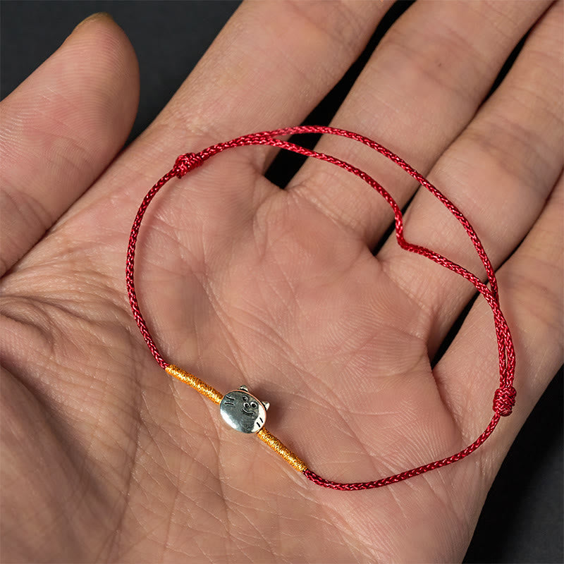 925 Sterling Silver Cute Cat Red String Braided Bracelet