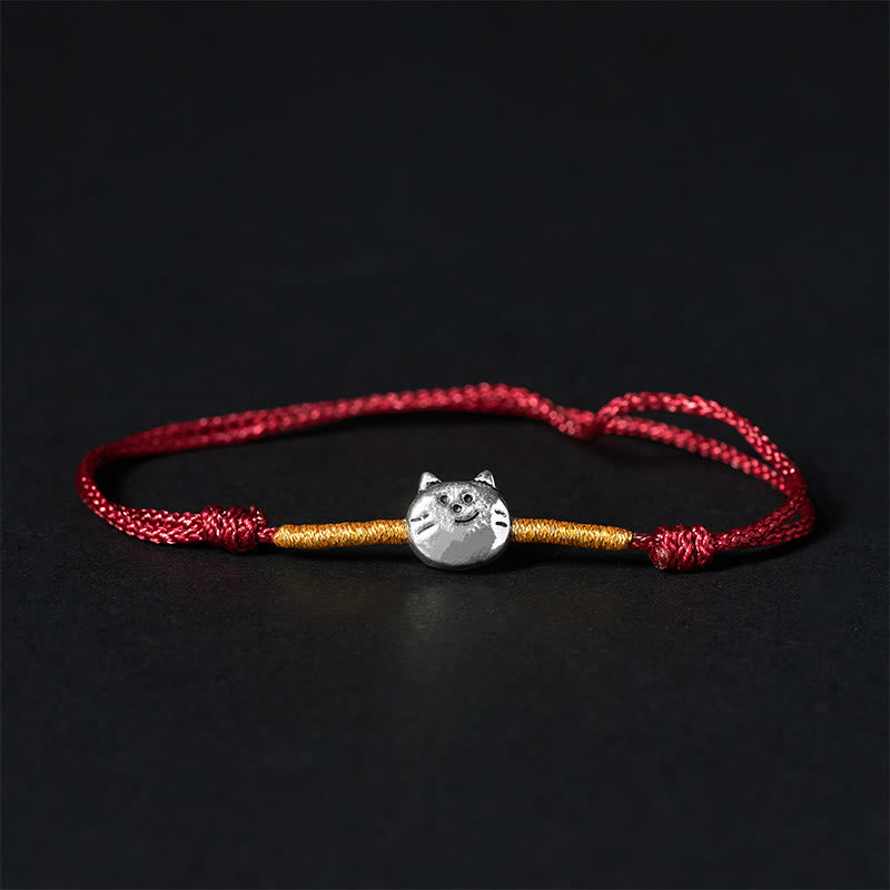 925 Sterling Silver Cute Cat Red String Braided Bracelet