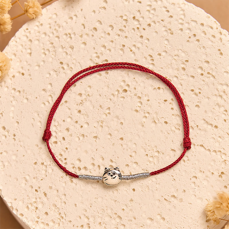 925 Sterling Silver Cute Cat Red String Braided Bracelet