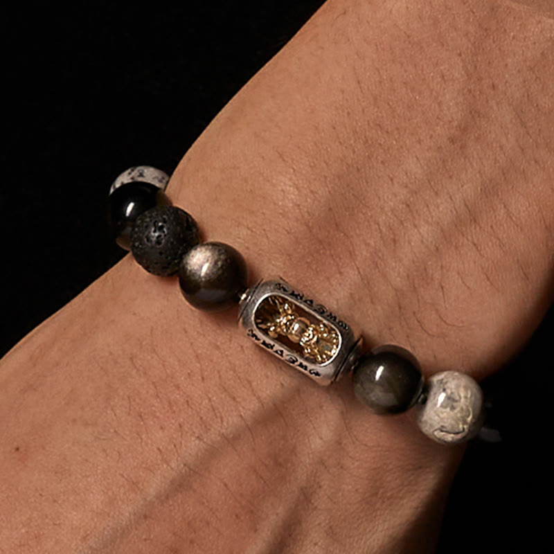 Silver Sheen Obsidian Lava Rock Grey Jasper Om Mani Padme Hum Vajra Soothing Bracelet