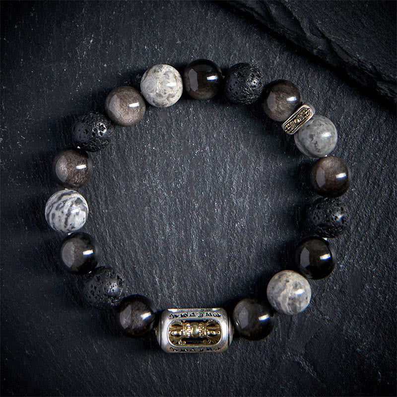 Silver Sheen Obsidian Lava Rock Grey Jasper Om Mani Padme Hum Vajra Soothing Bracelet