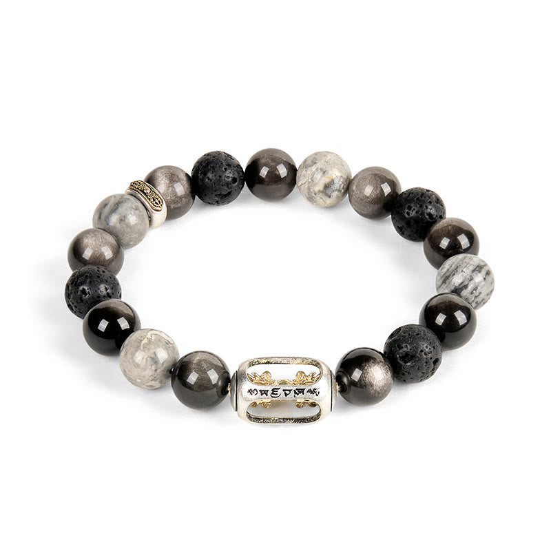 Silver Sheen Obsidian Lava Rock Grey Jasper Om Mani Padme Hum Vajra Soothing Bracelet