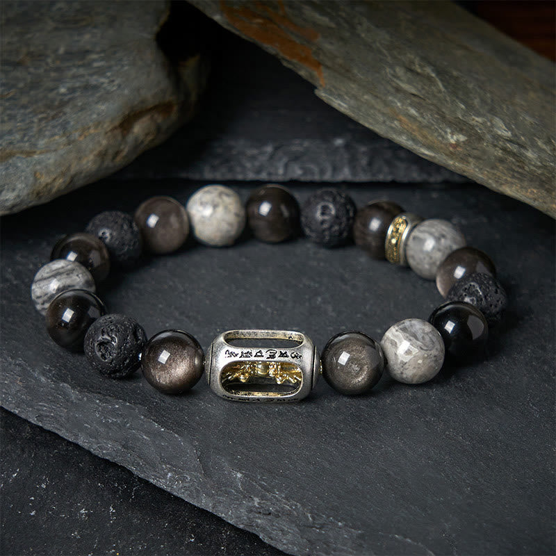 Silver Sheen Obsidian Lava Rock Grey Jasper Om Mani Padme Hum Vajra Soothing Bracelet