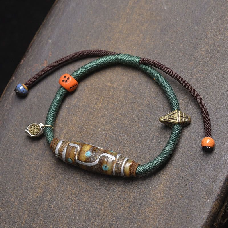 Handcrafted Tibetan Nine-eye Dzi Bead Protection Rope Bracelet