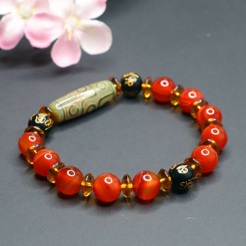 Red Agate Nine-eye Dzi Bead Six True Words Calm Bracelet