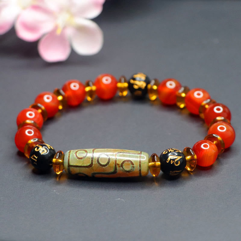 Red Agate Nine-eye Dzi Bead Six True Words Calm Bracelet