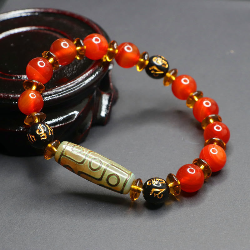 Red Agate Nine-eye Dzi Bead Six True Words Calm Bracelet