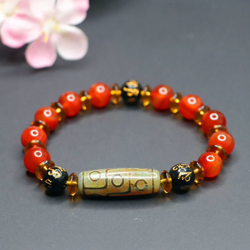 Red Agate Nine-eye Dzi Bead Six True Words Calm Bracelet