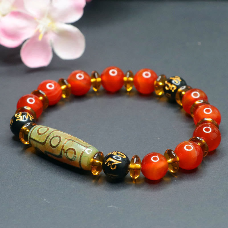 Red Agate Nine-eye Dzi Bead Six True Words Calm Bracelet