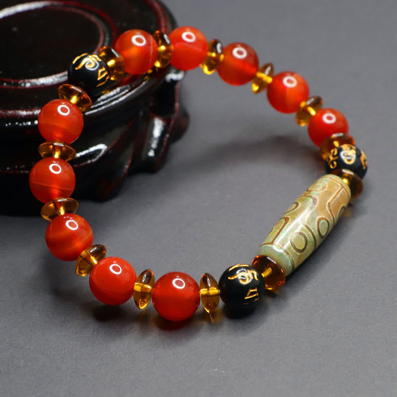 Red Agate Nine-eye Dzi Bead Six True Words Calm Bracelet