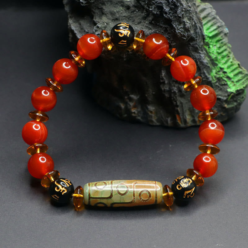 Red Agate Nine-eye Dzi Bead Six True Words Calm Bracelet