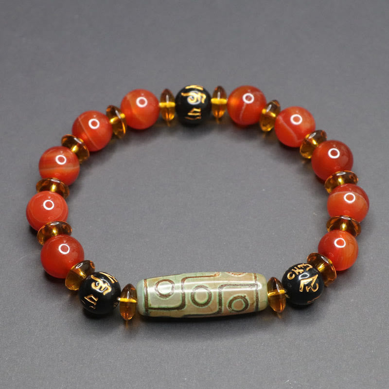 Red Agate Nine-eye Dzi Bead Six True Words Calm Bracelet