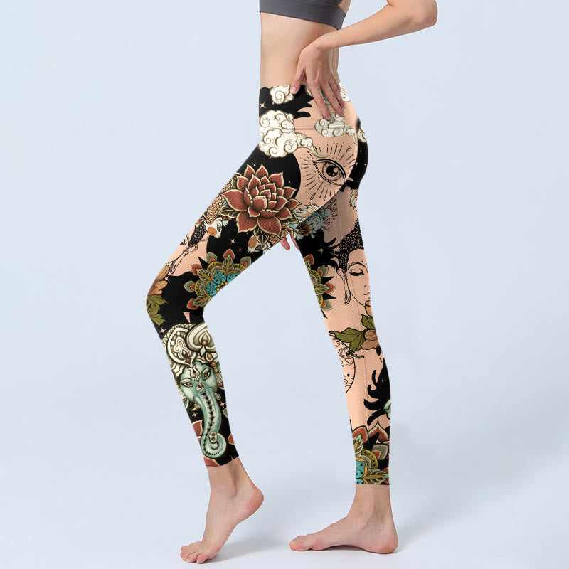 Lotus Ganesh Mandala Evil Eye Koi Fish Yin Yang Shape Gym Leggings Women's Yoga Pants