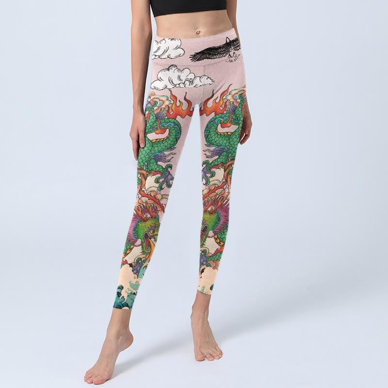 Dragon Rose Eagle Waves Auspicious Clouds Pattern Gym Leggings Women's Yoga Pants